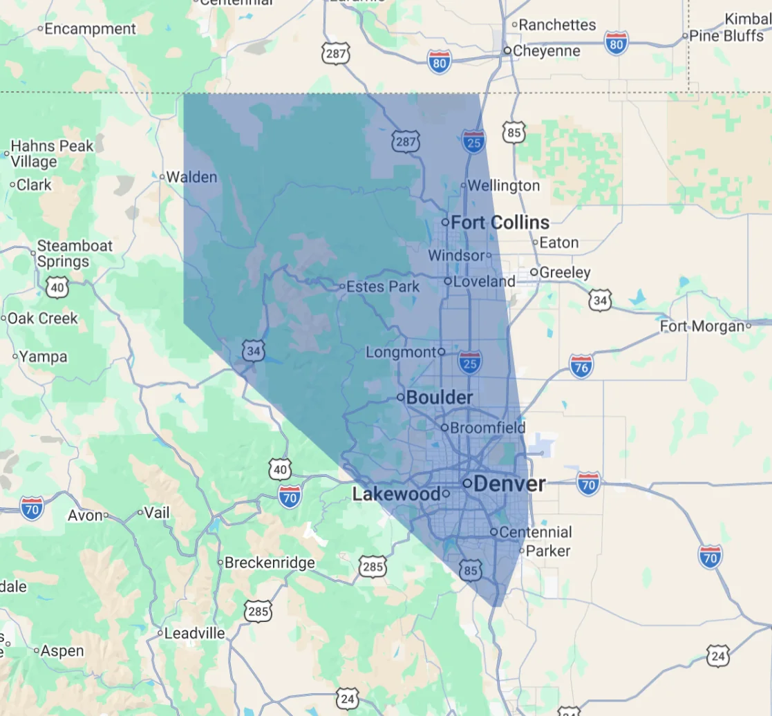 Highlighted Fahrenheit Pros service territory across the Colorado Front Range
