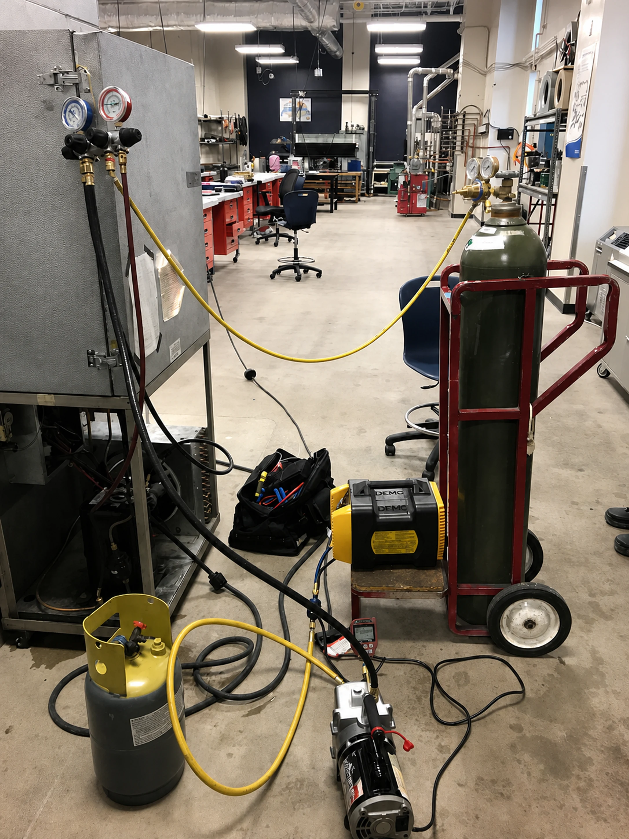 HVAC gauges and service tools arranged beside equipment