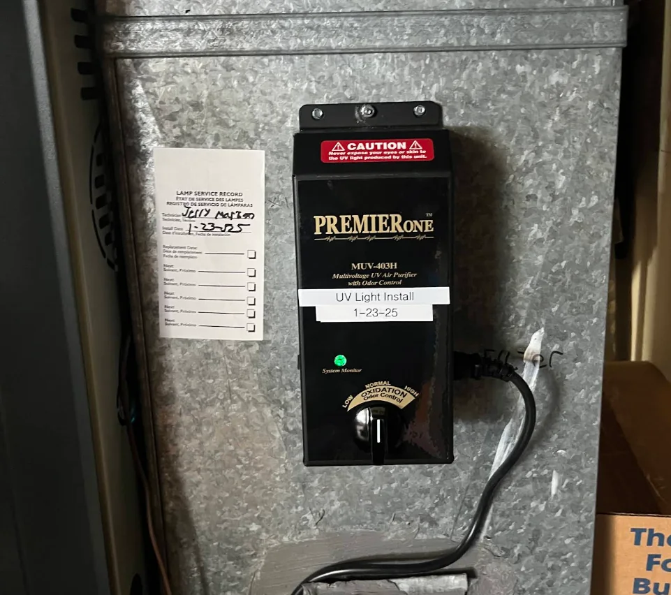 UV air purifier installed on indoor HVAC equipment