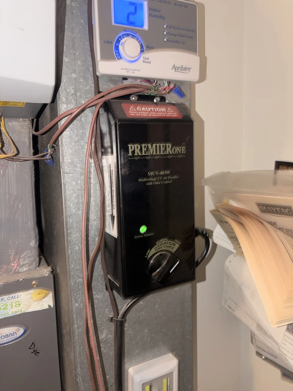 UV air purifier and controls on indoor HVAC equipment